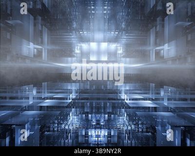 Futuristischer Hintergrund - leerer Raum im Nebel - 3D-Illustration. Eine ungewöhnliche Ausführung von Leuchtblöcken mit perspektivischem Effekt. SCI-fi oder Virtual Real Stockfoto