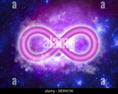 Infinity-Zeichen auf dem Hintergrund einer Raumlandschaft mit Sternen und Nebeln - abstrakte 3D-Illustration. Esoterisches, astrologisches oder astronomisches Thema. Stockfoto