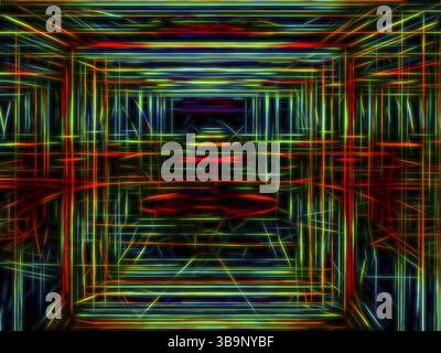 Tunnel, Portal oder Raum mit leuchtenden Neon-Linien wie Drähten. Abstrakte Technologie, Sci-fi oder esoterische computergenerierte 3D-Illustration. Für Web Stockfoto