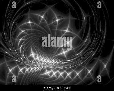 Abstrakter fraktaler Hintergrund - computergeneriertes Bild. Moderne digitale Kunst: Leuchtende Spirale mit Funkeln. Für Desktop-Hintergrundbilder, Webdesign, Co Stockfoto