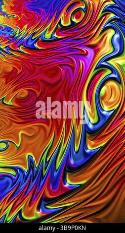 Abstrakter bunter Chaos-Hintergrund – computergeneriertes Bild. Fraktale Kunst: Helle Streifen, Locken und Zickzack. Für Drucke, Banner, Poster Stockfoto