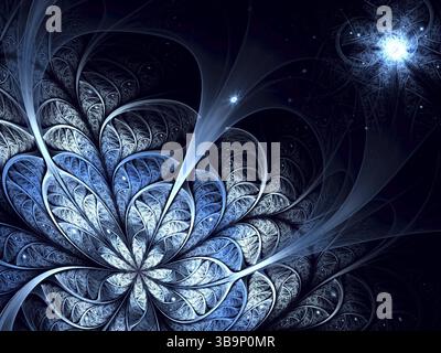 Fraktblume - abstraktes computergeneriertes Bild. Digitale Kunst: Kunstvoll verzierte Blütenblätter mit ungewöhnlicher Blüte, die nach dem Mond oder dem hellen Stern greifen. Für Karten, Bucht Stockfoto