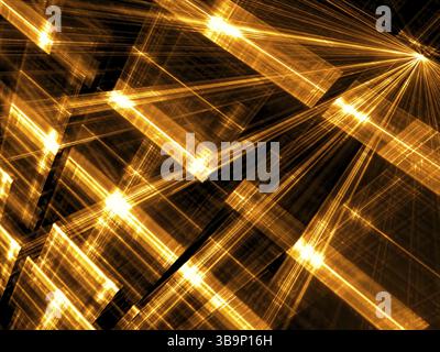 Diagonallichter Wand – abstraktes, computergeneriertes Bild. Goldener Technologiehintergrund mit Lichteffekten. Für Banner, Poster, Web-Design. SCI-fi oder Stockfoto