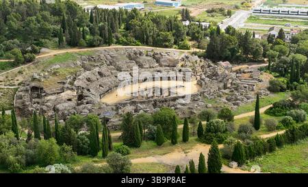 Luftaufnahme des Amphitheaters der römischen Stadt Italica, Spanien Stockfoto