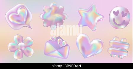 3D-holografisches Retro-90-Aufkleber-Set. Verchromter Umschlag, Hashtag, Like, Star, Gänseblümchen, Lächeln, Herz im Y2K-Stil auf Farbverlauf. Ästhetik der Zukunft, 3D-Chrom-Blasenkunst. Aufkleberset aus glänzendem Metall. Stock Vektor