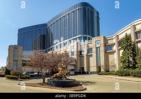 Detroit, MI, USA - 22.04.2025: Foto des MGM Grand Detroit Hotel Gebäudes in Detroit, Michigan, mit der markanten Löwenstatue am Eingang Stockfoto