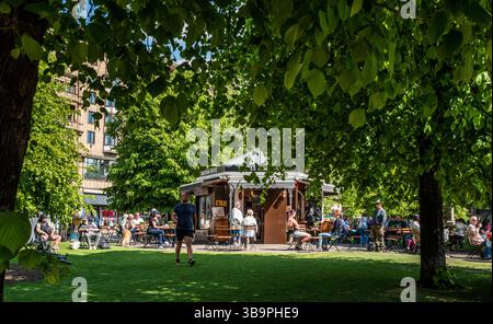 Menschen genießen die warme Frühlingssonne in den Princes Street Gardens in Edinburgh, Schottland Stockfoto