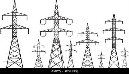 Diverse Sammlung von Übertragungsturmentwürfen Strommasten Stromnetz Infrastruktur Energie Stock Vektor