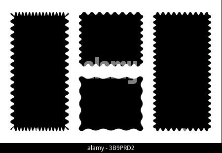 Rechteckige Muster mit schnörkeligen Rändern. Schwarze Rahmen für Wellenkurvenkanten. Minimalistische trendige Tags, leere Textfelder, Etiketten, Stempel, Cracker Stock Vektor