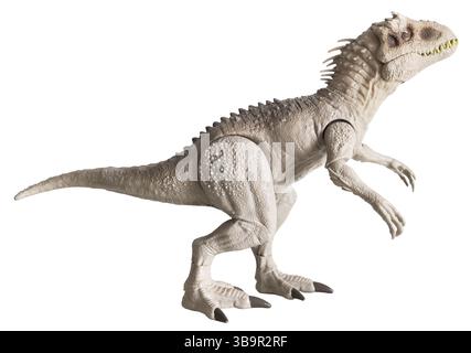 Indoraptor-Dinosaurier-Spielzeug isoliert auf weißem Hintergrund, Seitenansicht. Stockfoto