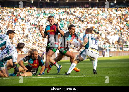 London, UK, 10. Mai 2025 Rodrigo Isgro erzielte im Allianz Stadium, Twickenham, London, UK für Harlequins gegen Gloucester im Gallagher Premiership Rugby. Alex Williams / Alamy Live News Stockfoto