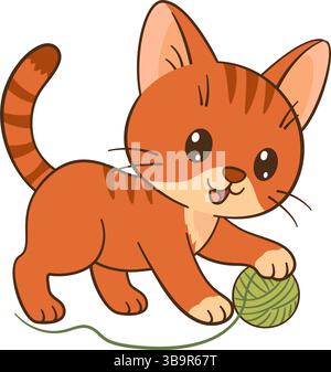 Kätzchen, die mit einem Garnknäuel spielen. Niedliches Ingwertabby-Kätzchen im flachen Chibi-Katzendesign mit sauberem, schlichtem Design. Für Kinderbücher, Story Illustrationen, Grußkarten, Aufkleber, T-Shirts, Becher und Poster. Stock Vektor