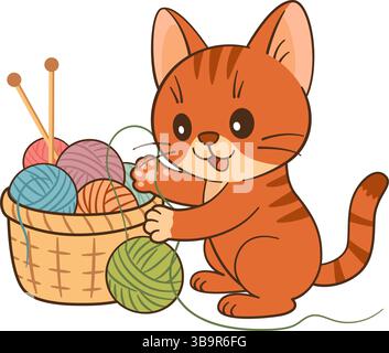 Süße orangene Tabby-Katze, die mit Garnbällen spielt. Korb mit Garnbällen in verschiedenen Farben und zwei Stricknadeln. Handgezeichneter flacher Chibi-Stil. Ideal für Bücher, Apps, Heimwerker, Tierhandlungen und Hobbyseiten Stock Vektor