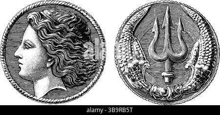 Set mit gravierten Meerjungfrau- und Astrolaben-Illustrationen für nautisches Design. Stock Vektor