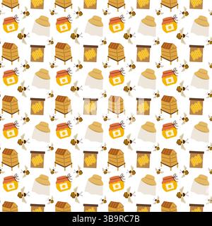 Nahtloses Muster für die Imkerei. Hintergrund mit niedlichen Imkereielementen. Stock Vektor