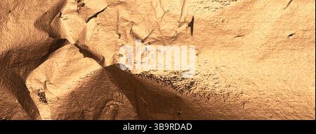 Bronze-Metallic-Folienstruktur mit gefalteter, zerknitterter Oberfläche. Glänzender, reflektierender Hintergrund in Goldbraun mit abstraktem Grunge-Muster. Warm, luxuriös Stockfoto