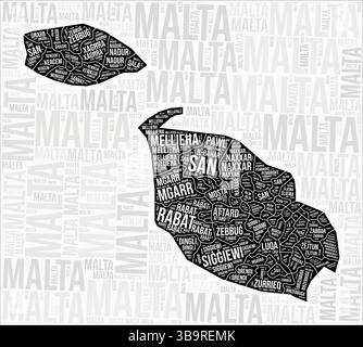 Malta Regionen Karte Wortwolke. Namen der Region Malta. Schwarz-weiß-Kartendesign. Stilvolle Vektorillustration. Stock Vektor