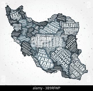 Iran Regionen Wortwolken. Länderform auf strukturiertem Hintergrund. Iran-Design im typografischen Stil. Fantastische Vektor-Illustration. Stock Vektor
