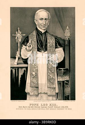 Papst Leo XIII. (* 2. März 1810 als Gioacchino Vincenzo Raffaele Luigi Pecci; 20. Juli 1903) war vom 20. Februar 1878 bis zu seinem Tod im Juli 1903 Leiter der katholischen Kirche. Er hatte die viertlängste Herrschaft eines jeden Papstes. Er ist bekannt für seinen Intellektualismus und seine Versuche, die Position der katholischen Kirche in Bezug auf das moderne Denken zu definieren. In seiner berühmten Enzyklika Rerum novarum aus dem Jahr 1891 stellte Papst Leo die Rechte der Arbeiter auf fairen Lohn, sichere Arbeitsbedingungen und die Bildung von Gewerkschaften dar. Stockfoto