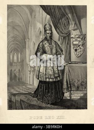 Papst Leo XIII. (* 2. März 1810 als Gioacchino Vincenzo Raffaele Luigi Pecci; 20. Juli 1903) war vom 20. Februar 1878 bis zu seinem Tod im Juli 1903 Leiter der katholischen Kirche. Er hatte die viertlängste Herrschaft eines jeden Papstes. Er ist bekannt für seinen Intellektualismus und seine Versuche, die Position der katholischen Kirche in Bezug auf das moderne Denken zu definieren. In seiner berühmten Enzyklika Rerum novarum aus dem Jahr 1891 stellte Papst Leo die Rechte der Arbeiter auf fairen Lohn, sichere Arbeitsbedingungen und die Bildung von Gewerkschaften dar. Stockfoto