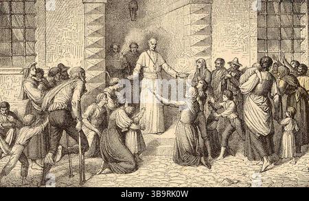 Erzbischof Pecci (der spätere Papst Leo XII.) hilft den Armen in Perugia. Papst Leo XIII. (* 2. März 1810 als Gioacchino Vincenzo Raffaele Luigi Pecci; 20. Juli 1903) war vom 20. Februar 1878 bis zu seinem Tod im Juli 1903 Leiter der katholischen Kirche. Er hatte die viertlängste Herrschaft eines jeden Papstes. Er ist bekannt für seinen Intellektualismus und seine Versuche, die Position der katholischen Kirche in Bezug auf das moderne Denken zu definieren. In seiner berühmten Enzyklika Rerum novarum aus dem Jahr 1891 stellte Papst Leo die Rechte der Arbeiter auf fairen Lohn, sichere Arbeitsbedingungen und die Bildung von Gewerkschaften dar. Stockfoto
