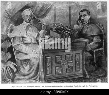 Illustration von Papst Leo XIII., der mit einem Phonographen eine Nachricht für das amerikanische Volk aufnimmt. Papst Leo XIII. (* 2. März 1810 als Gioacchino Vincenzo Raffaele Luigi Pecci; 20. Juli 1903) war vom 20. Februar 1878 bis zu seinem Tod im Juli 1903 Leiter der katholischen Kirche. Er hatte die viertlängste Herrschaft eines jeden Papstes. Er ist bekannt für seinen Intellektualismus und seine Versuche, die Position der katholischen Kirche in Bezug auf das moderne Denken zu definieren. In seiner berühmten Enzyklika Rerum novarum aus dem Jahr 1891 stellte Papst Leo die Rechte der Arbeiter auf einen fairen Lohn, sichere Arbeitsbedingungen und die Gründung der tr dar Stockfoto