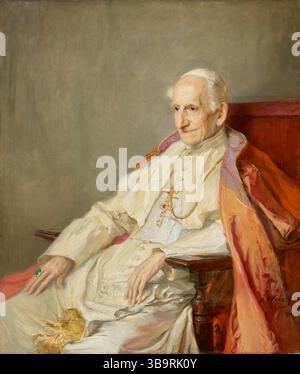Papst Leo XIII. (* 2. März 1810 als Gioacchino Vincenzo Raffaele Luigi Pecci; 20. Juli 1903) war vom 20. Februar 1878 bis zu seinem Tod im Juli 1903 Leiter der katholischen Kirche. Er hatte die viertlängste Herrschaft eines jeden Papstes. Er ist bekannt für seinen Intellektualismus und seine Versuche, die Position der katholischen Kirche in Bezug auf das moderne Denken zu definieren. In seiner berühmten Enzyklika Rerum novarum aus dem Jahr 1891 stellte Papst Leo die Rechte der Arbeiter auf fairen Lohn, sichere Arbeitsbedingungen und die Bildung von Gewerkschaften dar. Stockfoto