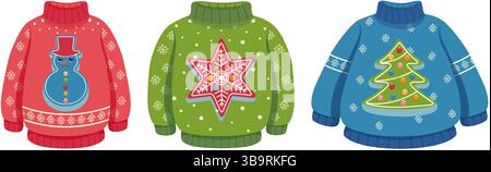 Hässliche Weihnachtspullover mit farbenfrohen Motiven von Weihnachtsmann, Schneemann, Stern und Weihnachtsbaum. Abgebildet auf weißem Hintergrund. Ideal für den Winter Stock Vektor