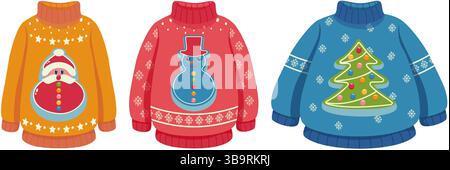 Kollektion von hässlichen Weihnachts-Sweatshirts mit Weihnachtsmann-, Schneemann- und Weihnachtsbaummotiven. Weihnachtsbekleidung Illustration für festliche Themen. Stock Vektor