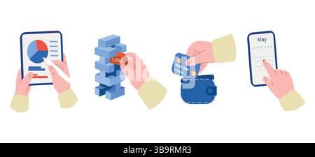 Financial Planning and Budgeting Concept flache Darstellungen von Händen, die Finanzaufgaben verwalten, Diagramme analysieren, Kredite bearbeiten und Kredite verwenden Stock Vektor