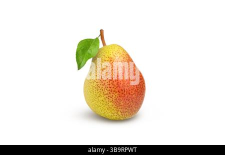 Eine rote Birnenfrucht mit Blatt auf weißem Hintergrund. Frische gelbe Birne. Stockfoto