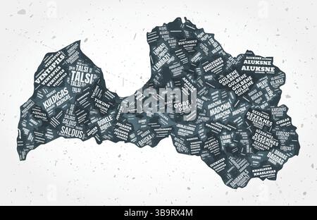Lettland Regionen Wortwolken. Länderform auf strukturiertem Hintergrund. Lettisches Design im typografischen Stil. Fantastische Vektor-Illustration. Stock Vektor