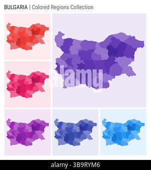 Kartensammlung Bulgarien. Länderform mit farbigen Regionen. Dunkelviolett, Rot, Rosa, Lila, Indigo, blaue Farbpaletten. Stock Vektor