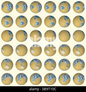 Sammlung von Erdkugeln. Geneigte Kugelansicht. Rotationsschritt 10 Grad. Farbige Länder. Weltkarte mit Gitterlinien auf hellem Hintergrund. Stock Vektor