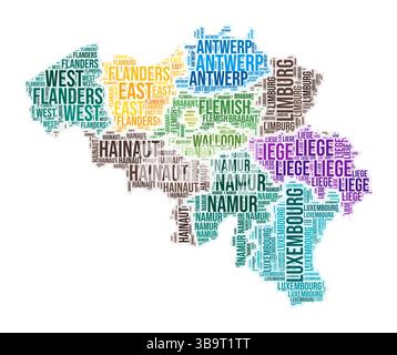 Wortwolke für die Region Belgien. Ländliches Design. Farbige Abbildung in Belgien. Bereichsnamen Collage Cloud. Vektorabbildung. Stock Vektor