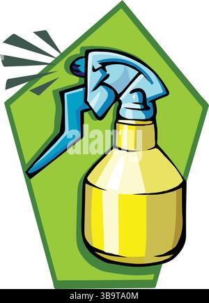 Eine abstrakte Vektor-Illustration zeigt einen Flaschenbehälter, der Pestizid-Insektizid im Cartoon-Stil sprüht Stock Vektor
