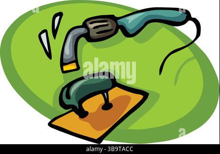 Eine abstrakte Vektor-Illustration zeigt einen Hammer, der auf eine Holzplanke mit zwei Nägeln im Cartoon-Stil schlägt Stock Vektor