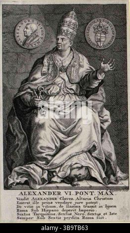 Papst Alexander VI. (* 1431–18. August 1503 in Roderic Llancol i. de Borja) war vom 11. August 1492 bis zu seinem Tod 1503 Oberhaupt der katholischen Kirche und Herrscher der päpstlichen Staaten. Alexander ist einer der umstrittensten Päpste der Renaissance, auch weil er zugab, dass er mehrere Kinder von seinen Geliebten zeugt. Infolgedessen wurde sein italianisierter valencianischer Familienname Borgia zu einem Synonym für Libertinismus und Vetternwirtschaft, die traditionell als Kennzeichen seines Pontifikats angesehen werden. Stockfoto