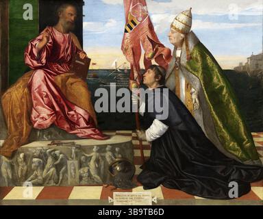 Jacopo Pesaro, Bischof von Paphos, wird von Papst Alexander VI. Dem Heiligen Peter überreicht, gemalt von Tizian. Papst Alexander VI. (* 1431–18. August 1503 in Roderic Llancol i. de Borja) war vom 11. August 1492 bis zu seinem Tod 1503 Oberhaupt der katholischen Kirche und Herrscher der päpstlichen Staaten. Alexander ist einer der umstrittensten Päpste der Renaissance, auch weil er zugab, dass er mehrere Kinder von seinen Geliebten zeugt. Infolgedessen wurde sein italianisierter valencianischer Familienname Borgia zu einem Synonym für Libertinismus und Vetternwirtschaft, die traditionell als charakteristisch für seinen Pontif angesehen werden Stockfoto