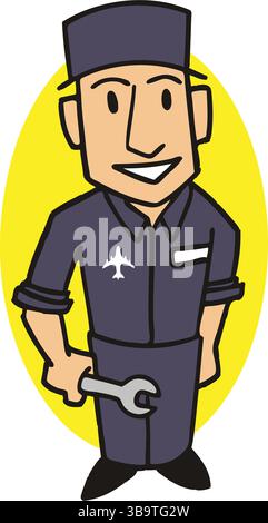 Eine abstrakte Vektor-Illustration zeigt einen Mechaniker, der einen Schraubenschlüssel im Flughafen im Cartoon-Stil hält Stock Vektor