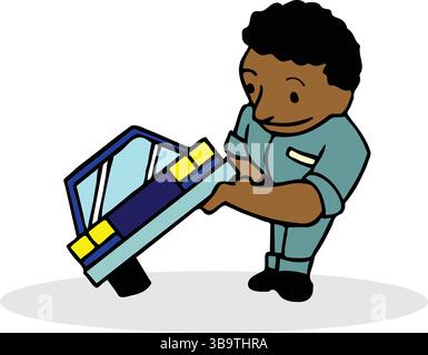 Eine abstrakte Vektor-Illustration zeigt einen Mechaniker, der ein Auto im Cartoon-Stil repariert Stock Vektor