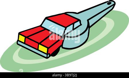 Eine abstrakte Vektor-Illustration zeigt einen mechanischen Schraubenschlüssel, der verwendet wird, um das Auto im Cartoon-Stil zu reparieren Stock Vektor