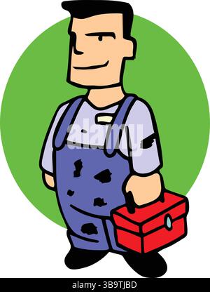 Eine abstrakte Vektor-Illustration zeigt einen Mechaniker, der einen Werkzeugkasten im Cartoon-Stil hält Stock Vektor