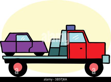 Eine abstrakte Vektor-Illustration zeigt einen Abschleppwagen, der ein Auto im Cartoon-Stil trägt Stock Vektor