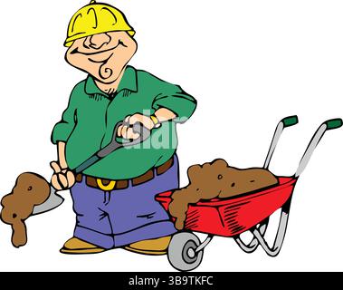 Eine abstrakte Vektor-Illustration zeigt, wie ein Arbeiter den Sand im Cartoon-Stil schaufelt Stock Vektor