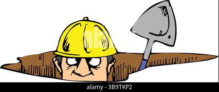 Eine abstrakte Vektor-Illustration zeigt einen Arbeiter, der ein Loch mit einer Schaufel im Cartoon-Stil gräbt Stock Vektor