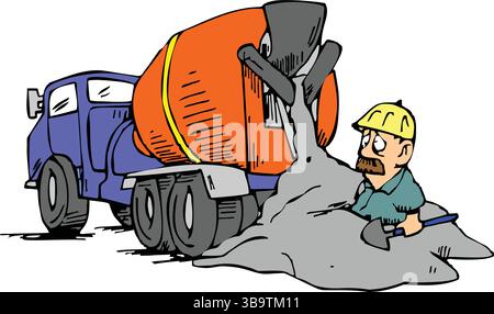 Eine abstrakte Vektor-Illustration zeigt einen Autozementmischer festgeklemmt und einen Bauarbeiter, der eine Schaufel im Cartoon-Stil hält Stock Vektor