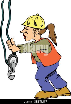 Eine abstrakte Vektor-Illustration zeigt eine Arbeiterfrau, die einen Industriekranhaken im Cartoon-Stil zieht Stock Vektor