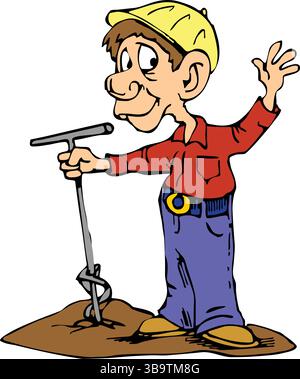 Eine abstrakte Vektor-Illustration zeigt einen Bauarbeiter nach dem Graben eines Baggers im Cartoon-Stil Stock Vektor