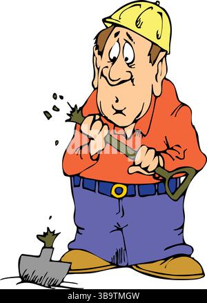 Eine abstrakte Vektor-Illustration zeigt einen Bauarbeiter, der eine Schaufel im Cartoon-Stil zerbrochen hält Stock Vektor